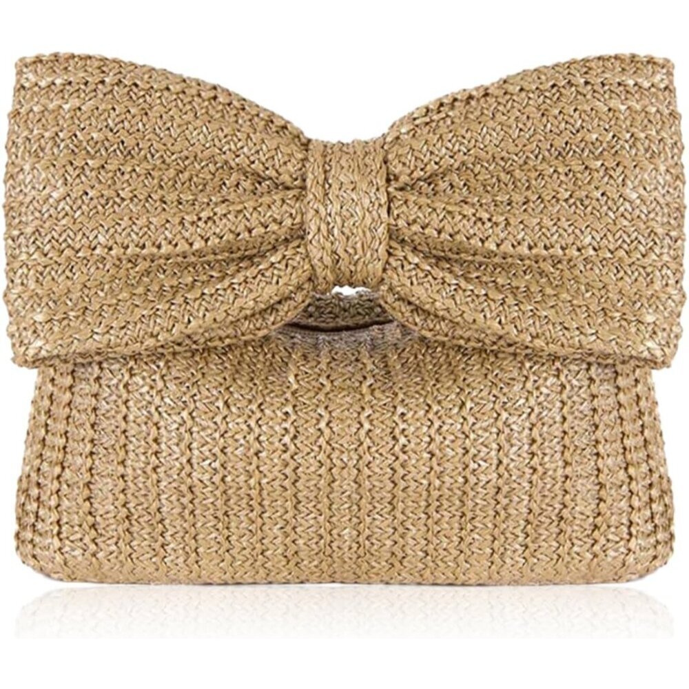 Straw Clutch Purse for Women Cotton Straw Beach Handbag with Bow for Summer Vaca